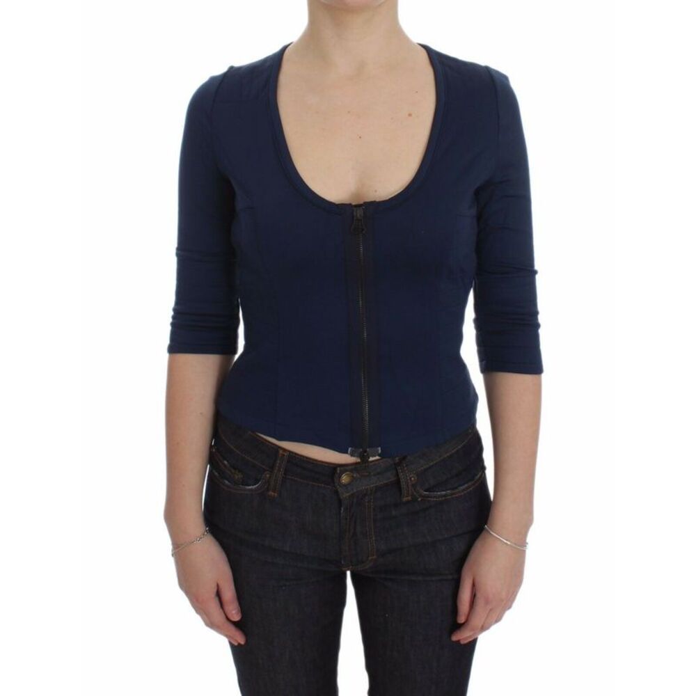 Exte Blue Cotton Top Zipper Deep Crew-neck Women's Sweater
